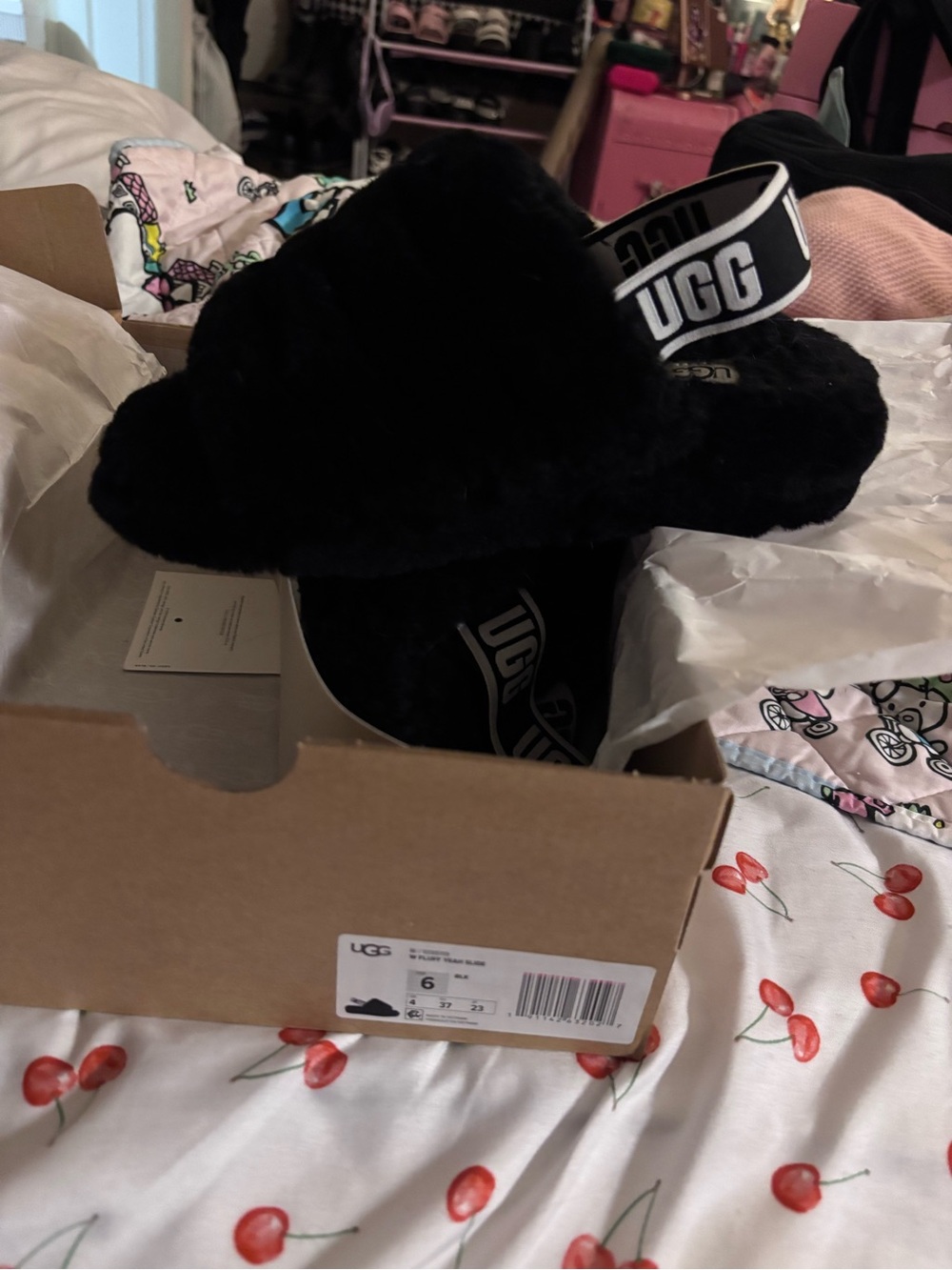 UGG Black Fluff Slide with Branded Heel Strap